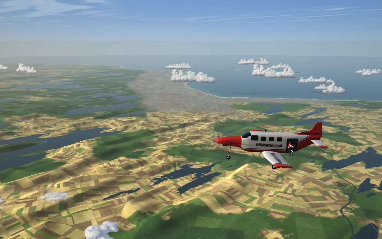Freefall game preview: a tandem pair in the aircraft doorway above fields and lakes, with the Bay of Gdańsk on the horizon