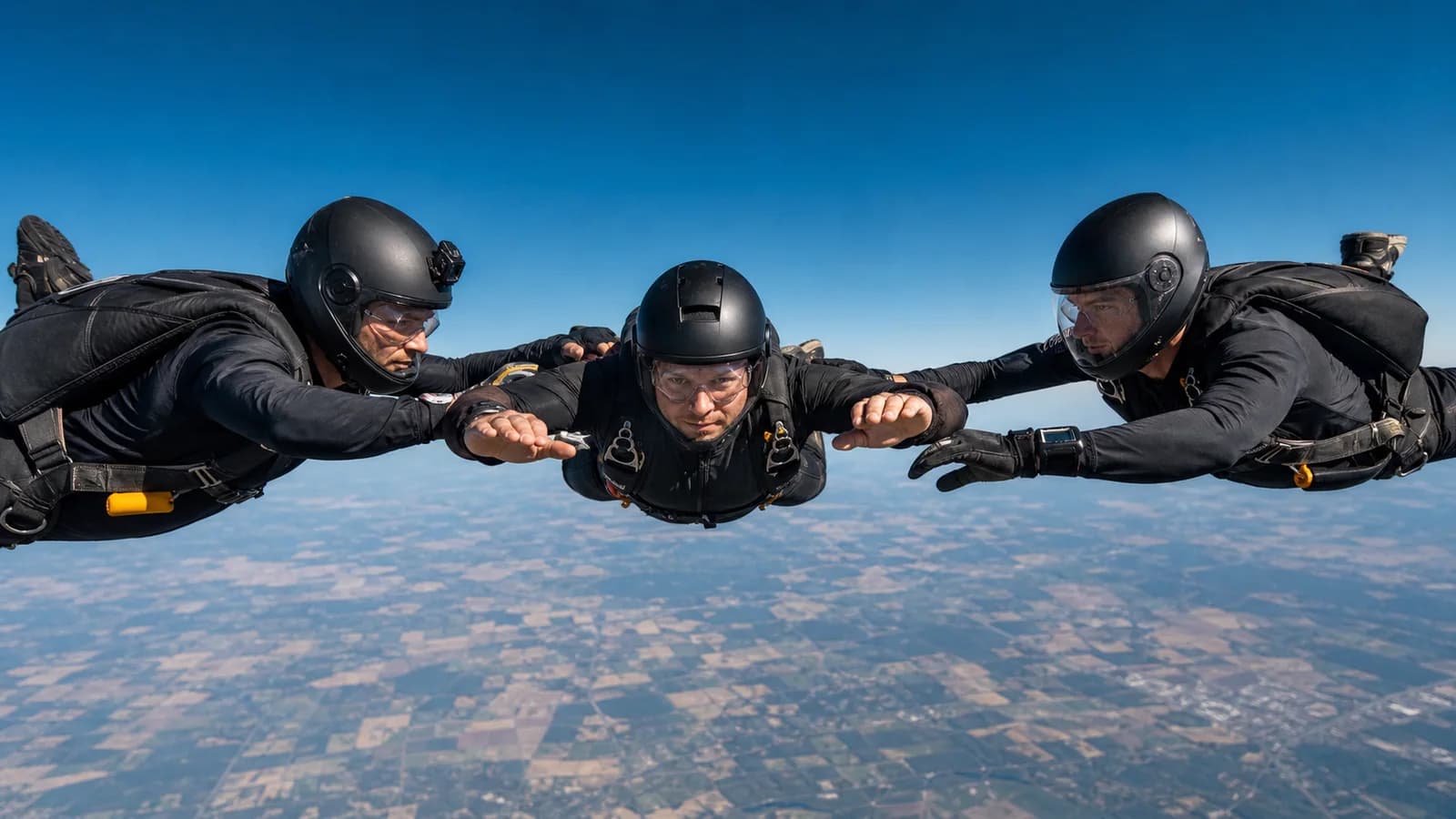 An AFF student in freefall between two instructors