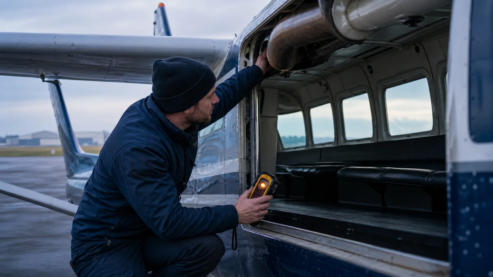A technician checks a jump aircraft cabin with a carbon-monoxide detector