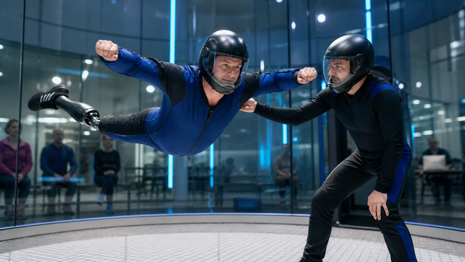 Zawodnik Indoor Para Skydiving trenuje z instruktorem w tunelu
