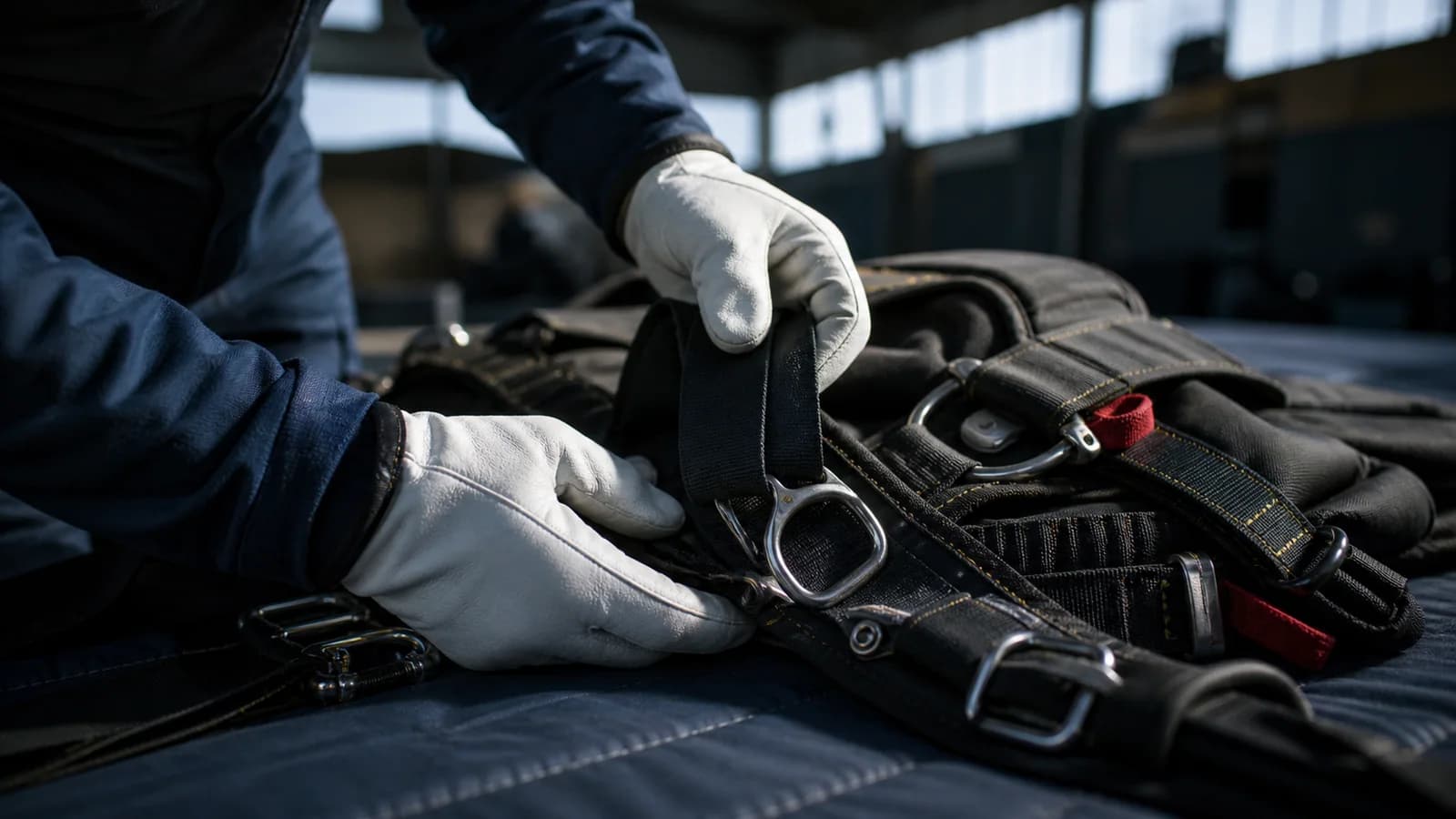 A tandem harness inspection before a jump