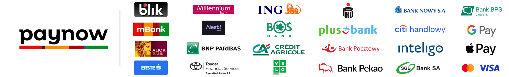 Logotypy metod płatności dostępnych w Paynow: BLIK, przelewy online polskich banków, karty Visa i Mastercard oraz Google Pay i Apple Pay.